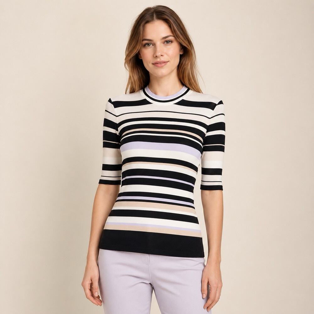 BOSS Hugo Boss Elauren Ribbed Knit Top Women XL Striped Short Sleeve Slim Fit